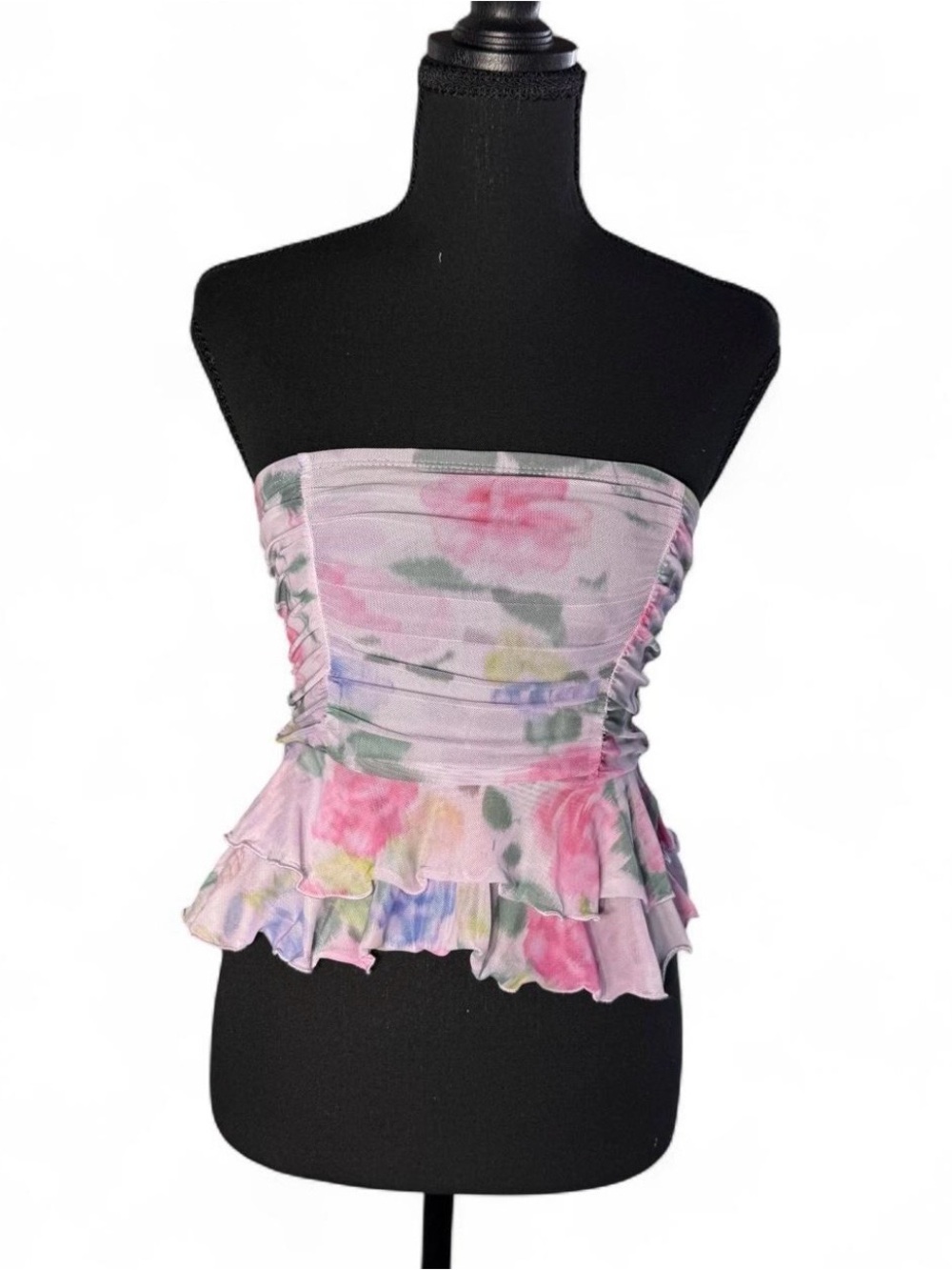 Frankee & Skylarr lilac Floral Mesh Ruched Tube Top Strapless Peplum XS NEW